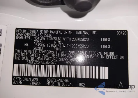 2020 Toyota Highlander Platinum from USA, damaged, VIN 5TDFZRBH3LS045720